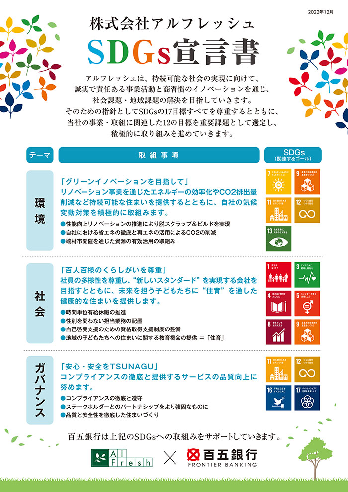 アルフレッシュ 百五銀行 SDGs宣言 画像